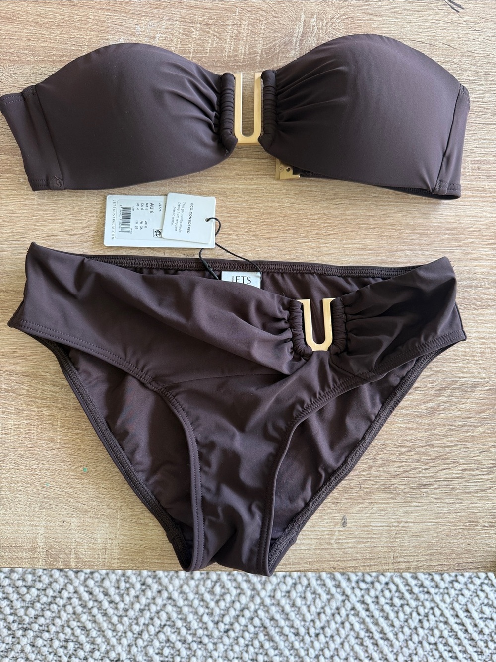Strapless Brown Bikini Set with Gold Accent